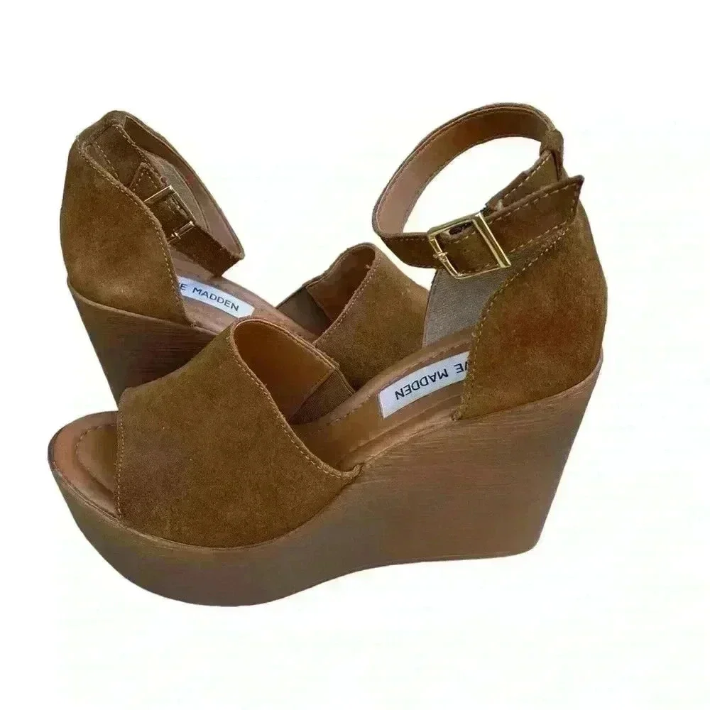 Steve Madden Ankle Strap Bellini Platform Wedge Brown Suede sandals sz 7.5